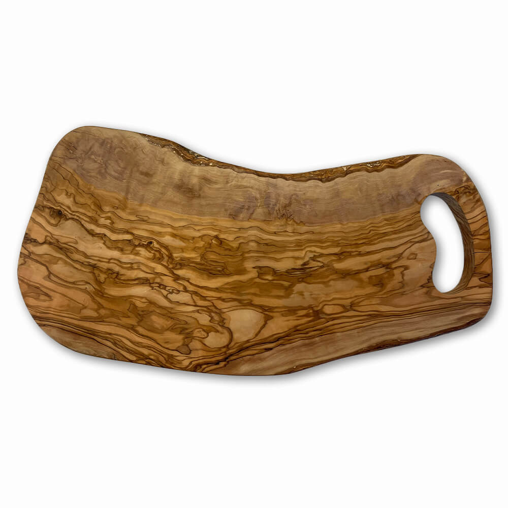 Planche de service en bois d'olivier avec bord naturel, non huilée – 40-44 cm